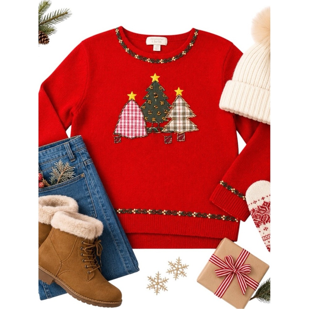 Christopher & Banks Beaded Christmas Tree Holiday Sweater Red Medium Womens GUC